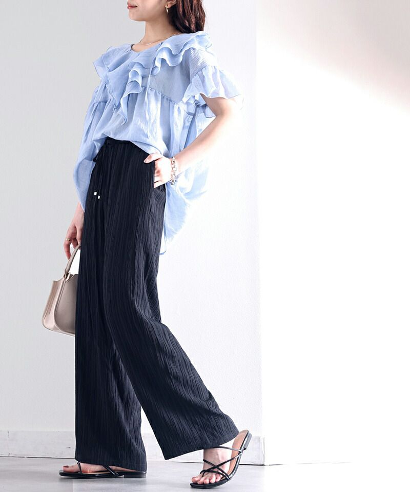 日本 Classical Elf - 浪漫光澤感垂墜感寬褲-黑