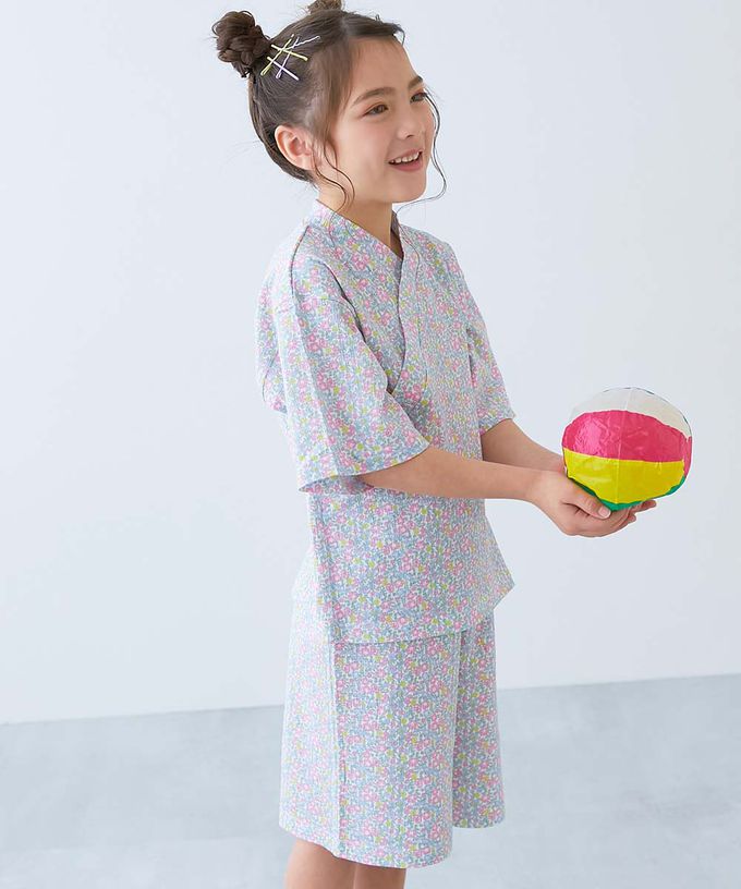 日本 devirock - 夏日風情涼爽紋理甚平套裝-滿版花朵-黑