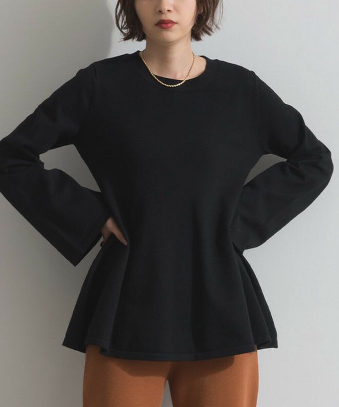 日本 ELENCARE DUE - 成熟傘擺腰線針織長袖上衣-黑