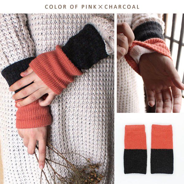 日本女裝代購 - 日本製 羊毛混絲綢保暖半截手套-撞色-橘粉x可可 (F)