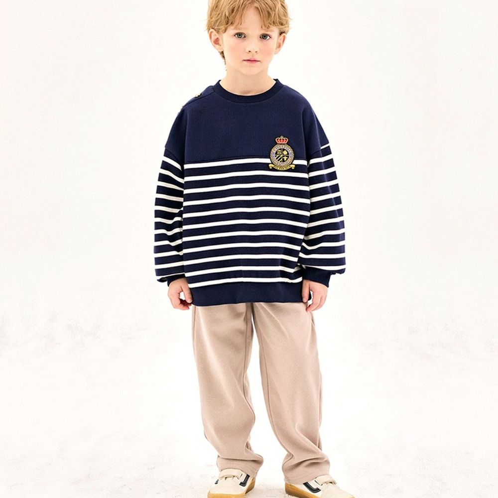 學院風條紋內刷毛長袖套裝-海軍藍X卡其