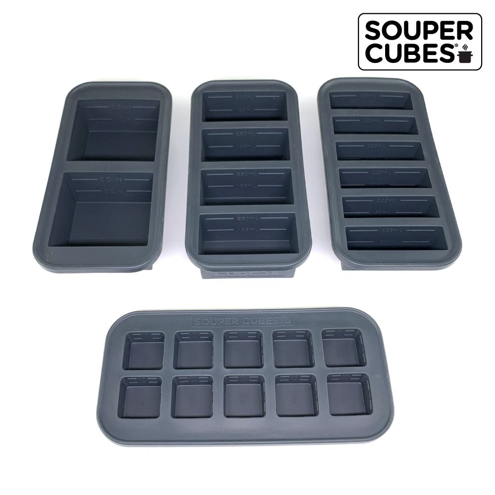美國SOUPER CUBES - 多功能食品級矽膠保鮮盒_曜石灰4件組(2格+4格+6格+10格)