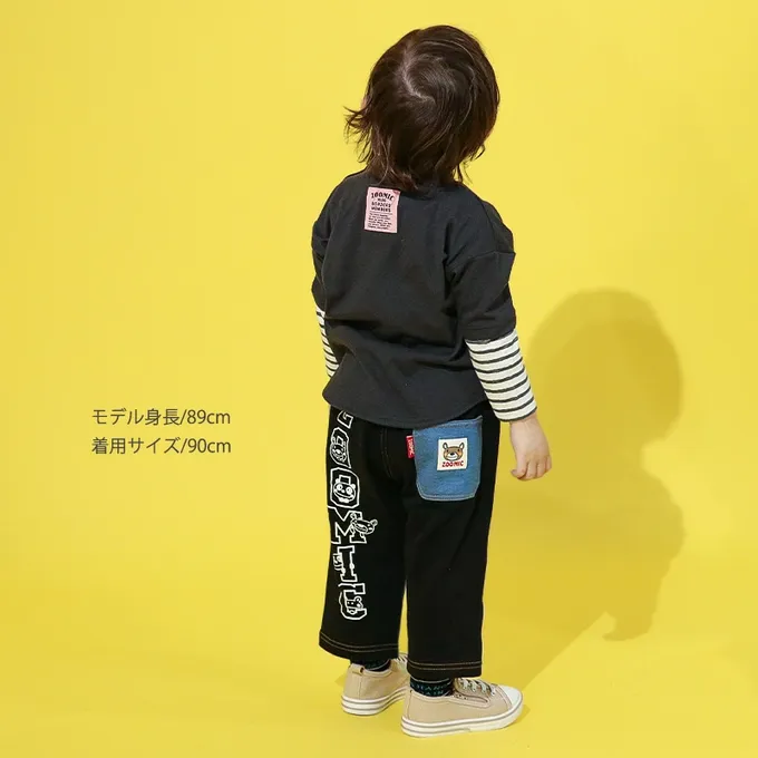 日本 ZOOLAND - 丹寧風小熊長袖上衣-假二件袖-炭黑