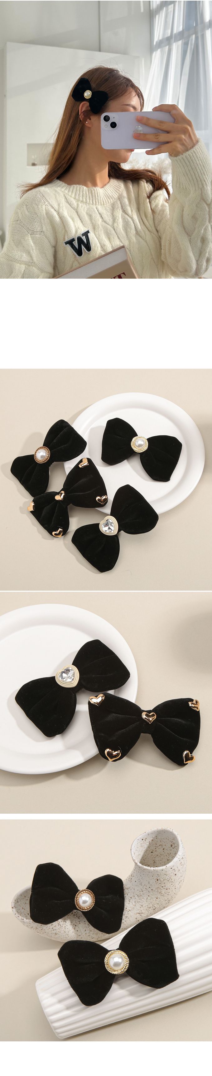 韓國 Soo&Soo - 天鵝絨蝶結裝飾髮夾-小愛心