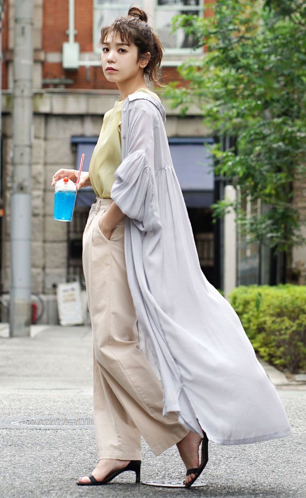 日本 zootie - 楊柳透膚澎澎袖長版襯衫/罩衫-深綠