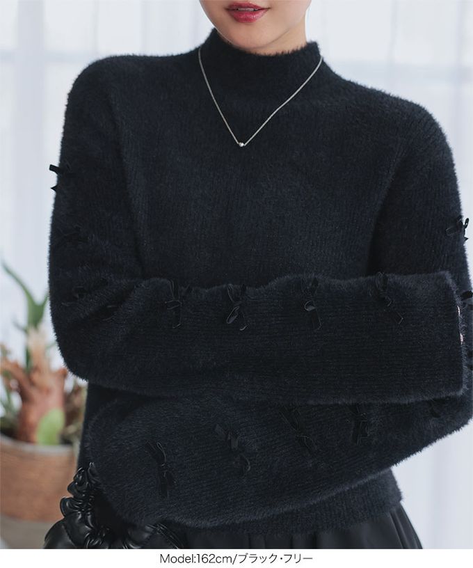 日本 Kobe Lettuce - 甜美緞帶袖毛海感小立領毛衣-白