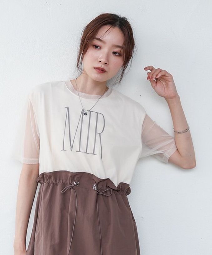 日本 Bab - 拼接層次感抽繩薄紗短袖洋裝-白x炭灰