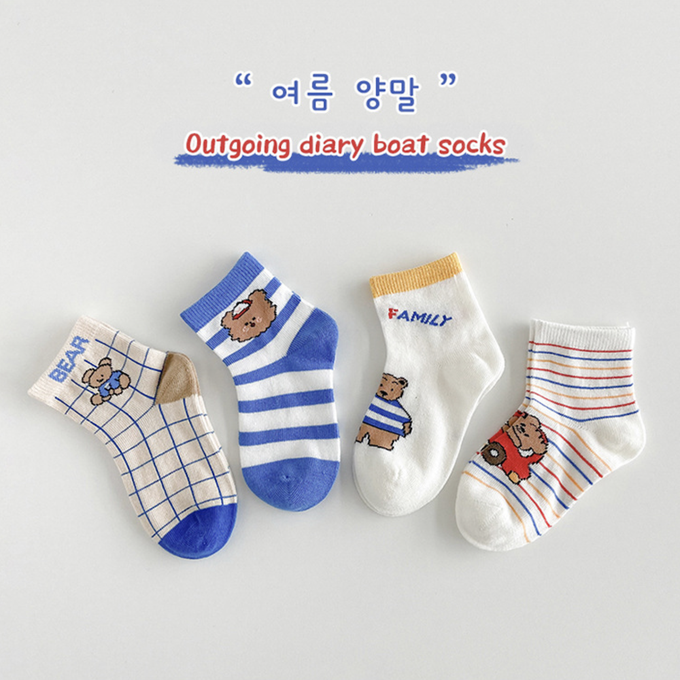 love, charlotte - 小熊家族薄款短筒棉襪-4 雙一組