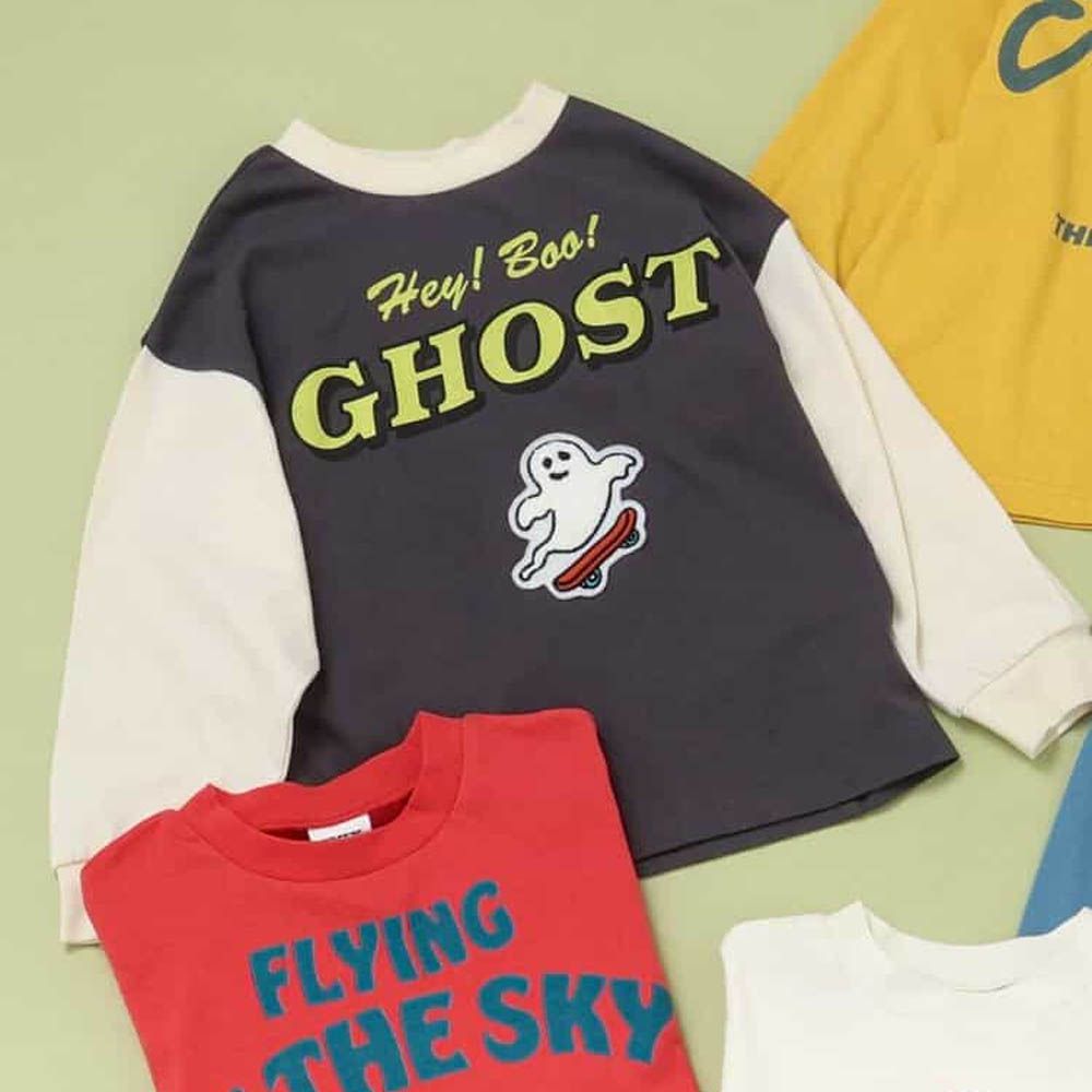 100%棉 立體刺繡貼布長袖上衣-小幽靈-炭灰