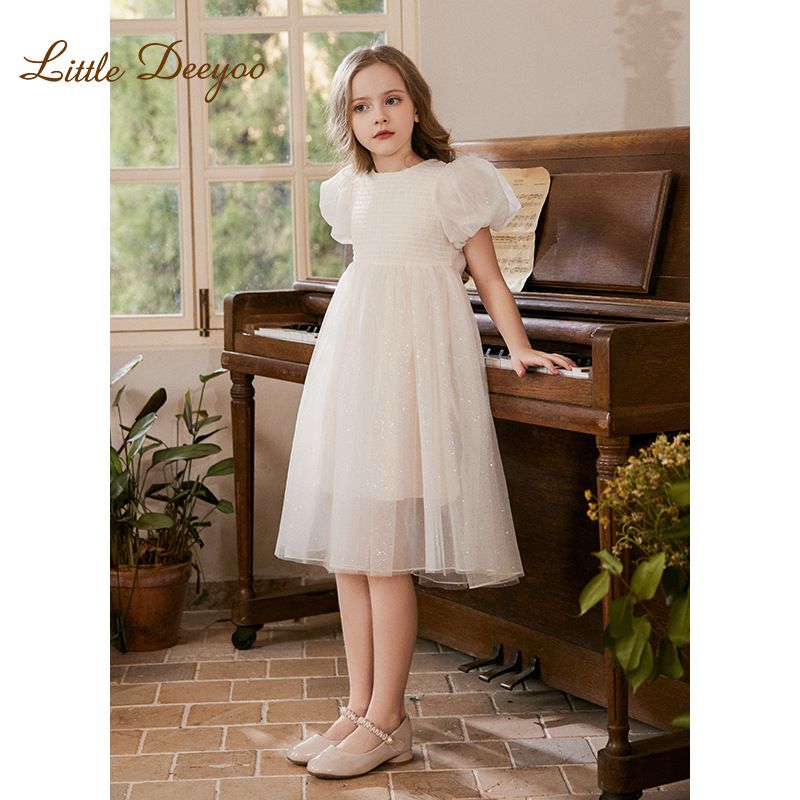 Little Deeyoo - 小仙女花苞袖亮片網紗連身洋裝-米杏色