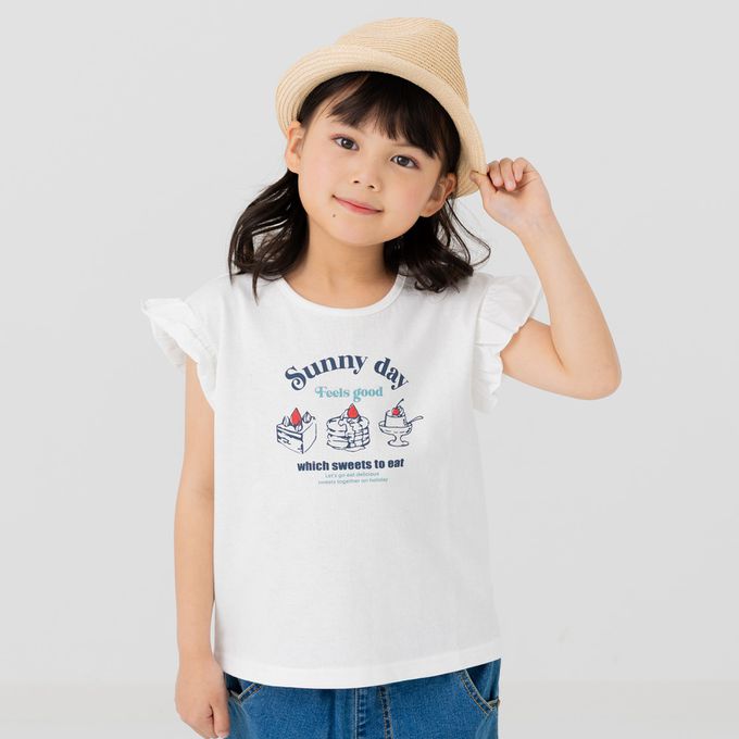 日本 Chil2 - 100%棉 荷葉邊女孩印花短袖上衣-英文logo-水藍