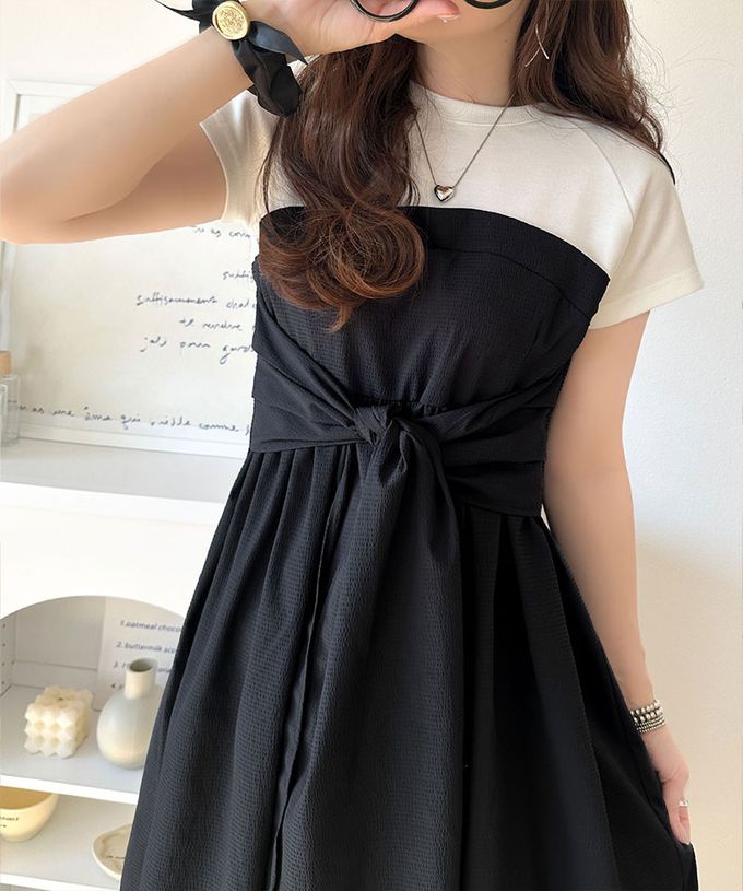 日本 Classical Elf - 綁帶2way清爽拼接感短袖洋裝-深灰x黑