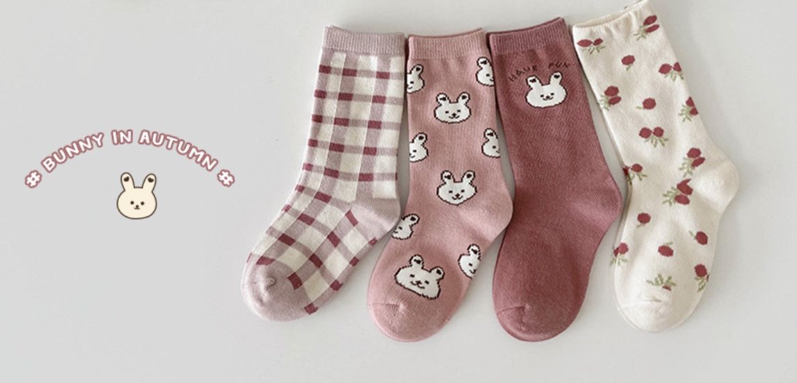 love, charlotte - 珊瑚粉兔寶寶中筒棉襪-4 雙一組