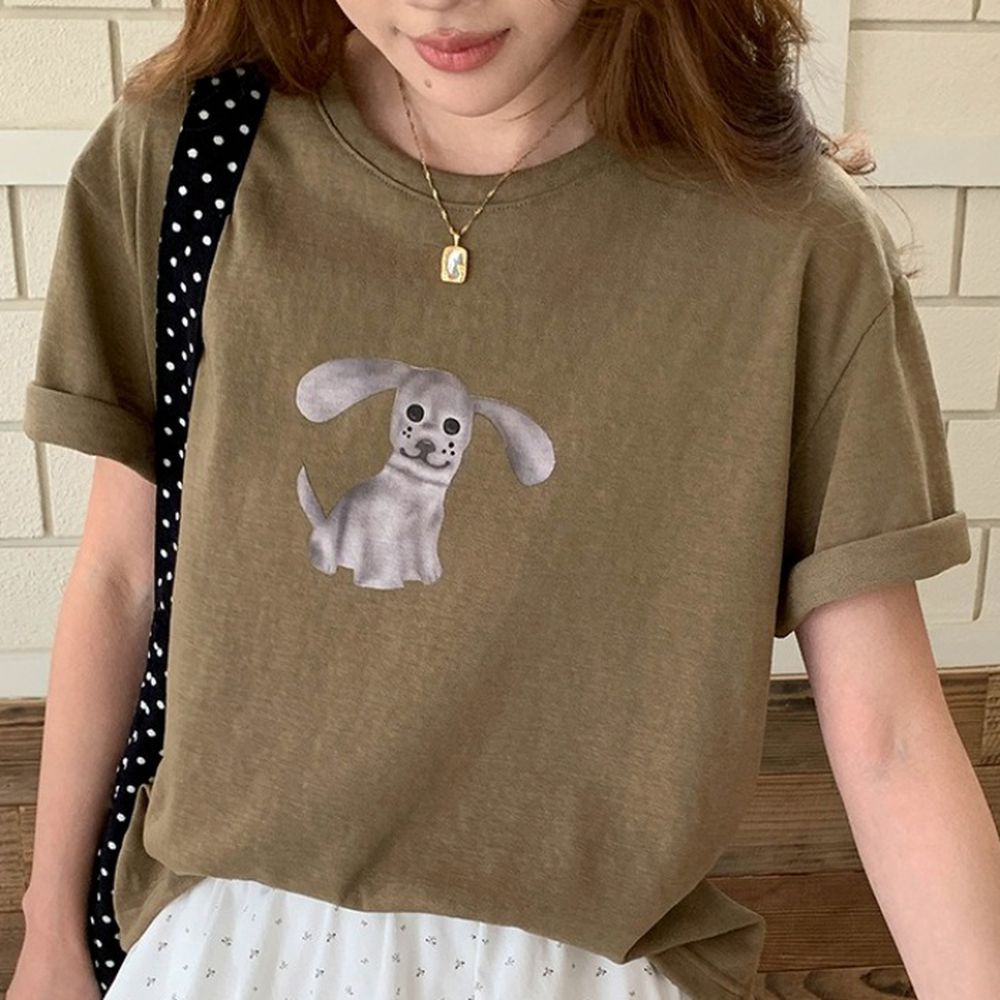 寬鬆落肩短袖上衣-趣味卡通小狗-軍綠 (F)