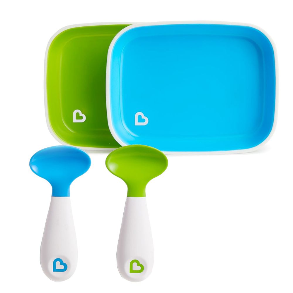美國 munchkin - A+B超值組：防滑餐盤2入(綠/藍) + 送左右手幼兒學習湯匙2入(藍/綠)