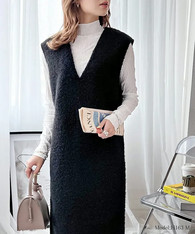 日本 Classical Elf - 毛茸茸修身V領背心裙-灰杏