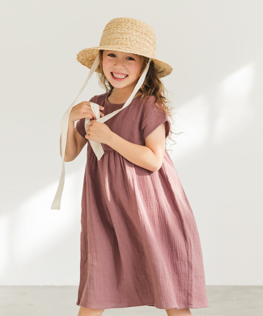 日本 PAIRMANON - 純棉微皺感短袖素色洋裝(孩子)-紅