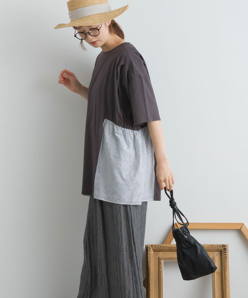 日本女裝代購 - 16支天竺棉拼接五分袖上衣-米白