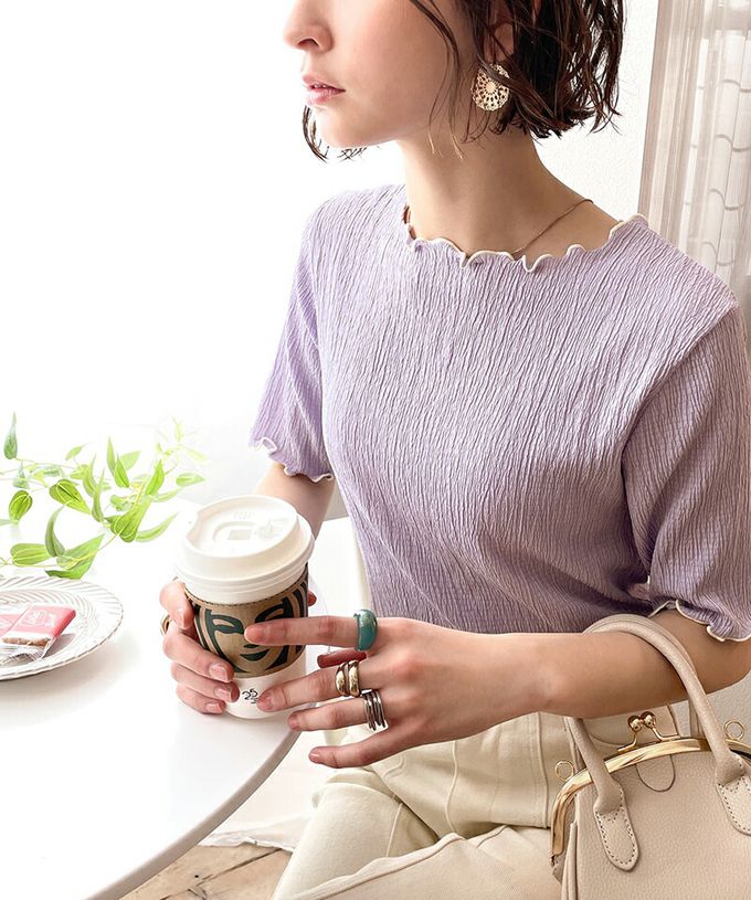 日本 Classical Elf - 氣質紋理木耳邊短袖上衣-灰藍