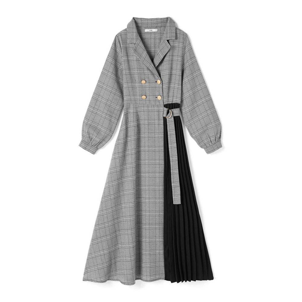 日本 GRL - 英倫風雙排釦風衣造型百褶拼接長袖洋裝-黑格紋