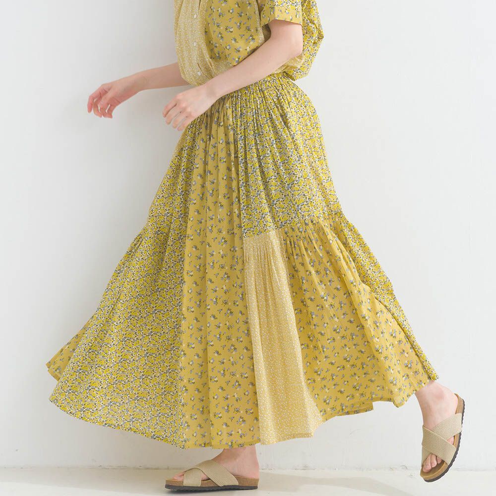 純棉巴里紗花朵拼布細摺長裙-黃