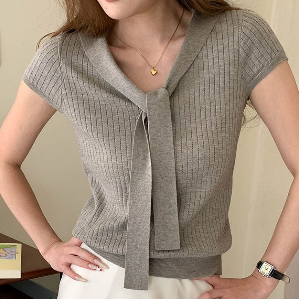 溫柔V領綁帶短袖針織衫-灰 (F)