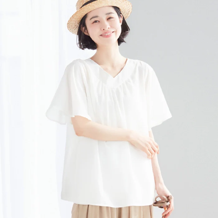 日本 BELLUNA - V領優雅飄逸荷葉袖短袖上衣-黑