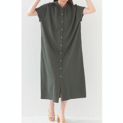 日本 OMNES - 接觸涼感 氣質金釦襯衫式短袖洋裝-濃綠