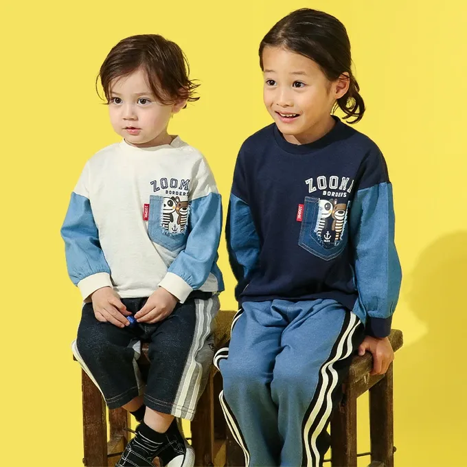 日本 ZOOLAND - 丹寧風小熊長袖上衣-帥氣刷破口袋-白