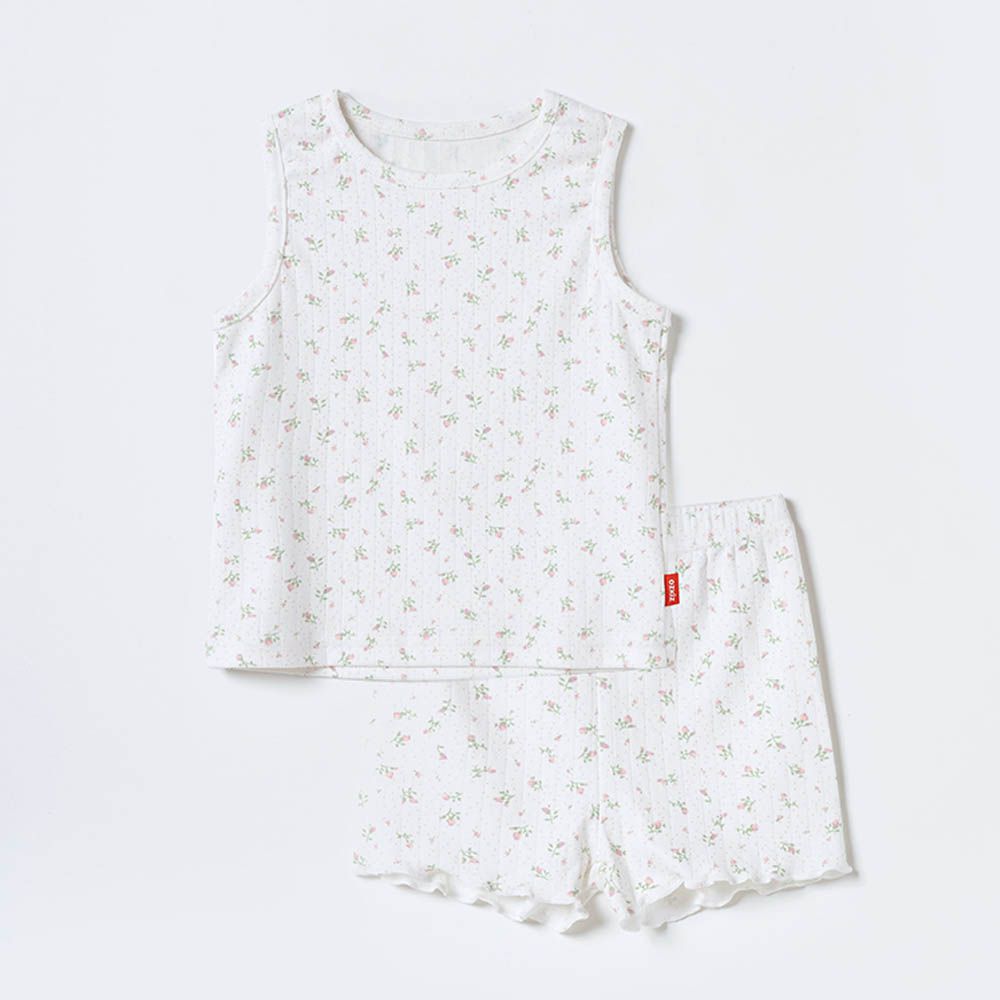 透氣柔棉無袖家居服-小花-白