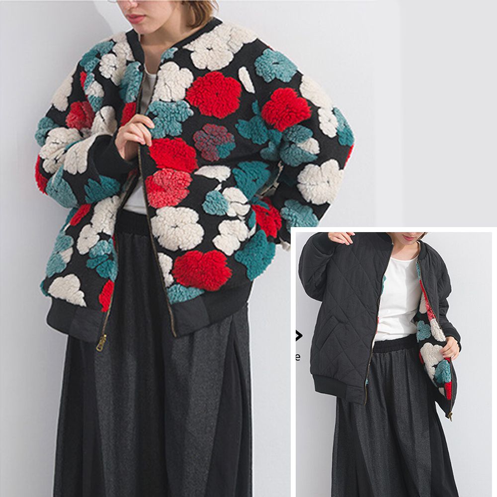 [人氣款]鮮明印象毛絨雙面保暖夾克外套-彩色花-黑