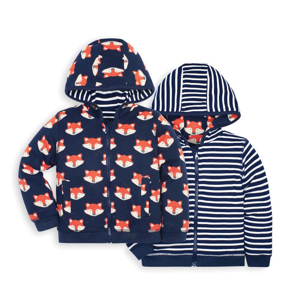 英國 JoJo Maman BeBe - 雙面穿100%純棉保暖連帽外套-狐狸團聚