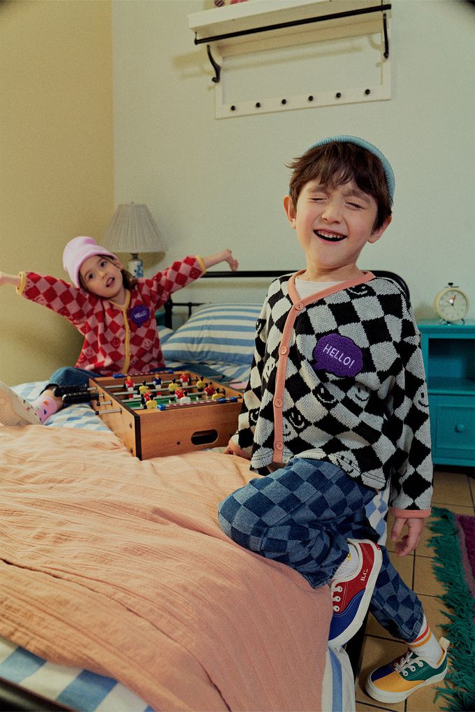 韓國 First Blue - 鬆緊腰棋盤格紋丹寧長褲