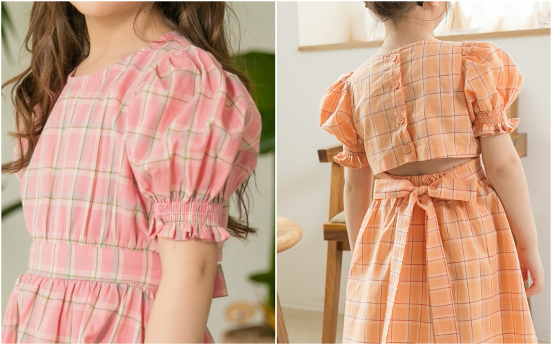 韓國 Merry Kate - (剩XL)公主泡泡袖氣質格紋洋裝-橘