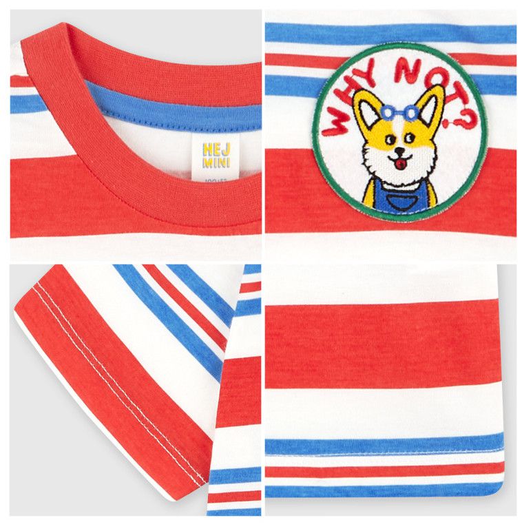 韓國 HEJMINI - 柴犬徽章條紋相間T-紅