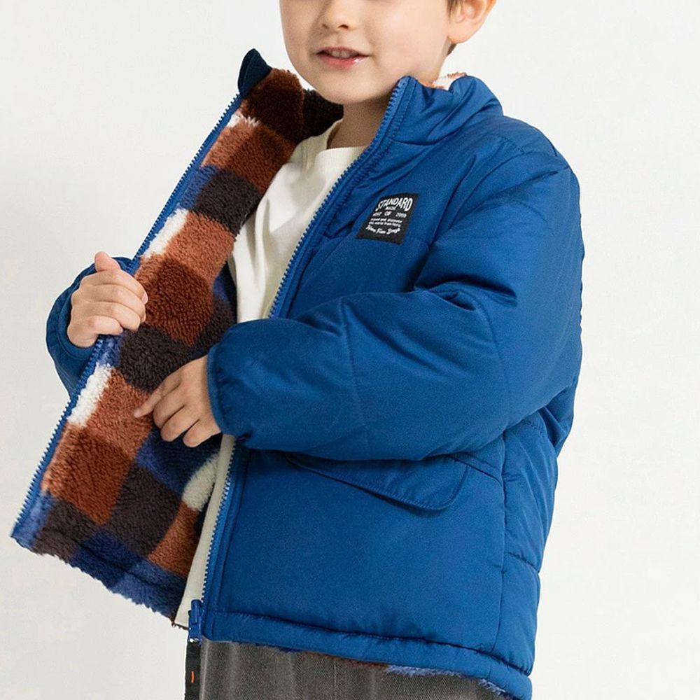 2way雙面異材質保暖鋪棉外套(可機洗)-格子-寶藍