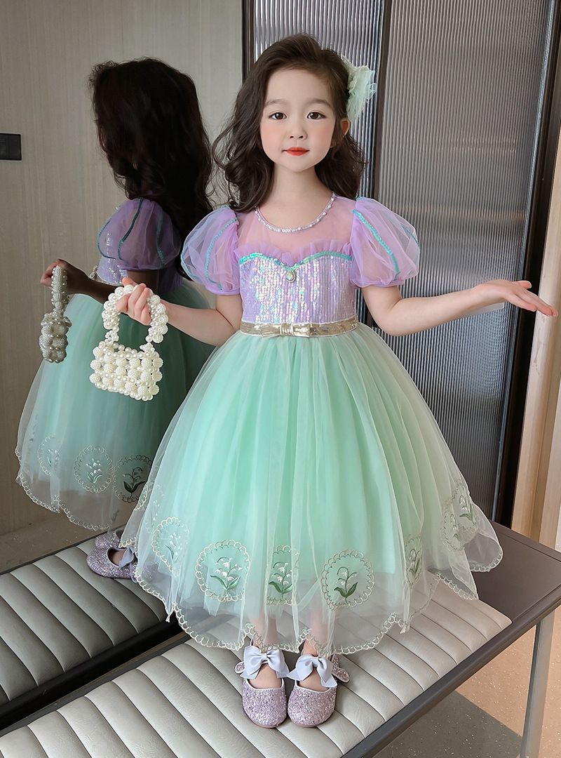 公主風亮晶晶短袖連身裙-美人魚配色-果綠+紫