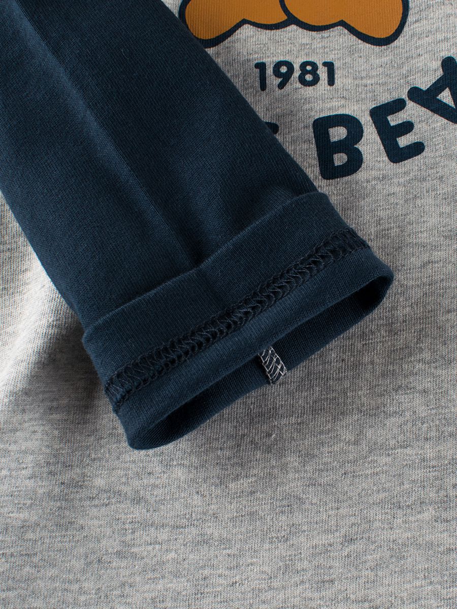 純棉圓領薄長袖上衣-熊熊臉-深藍+灰