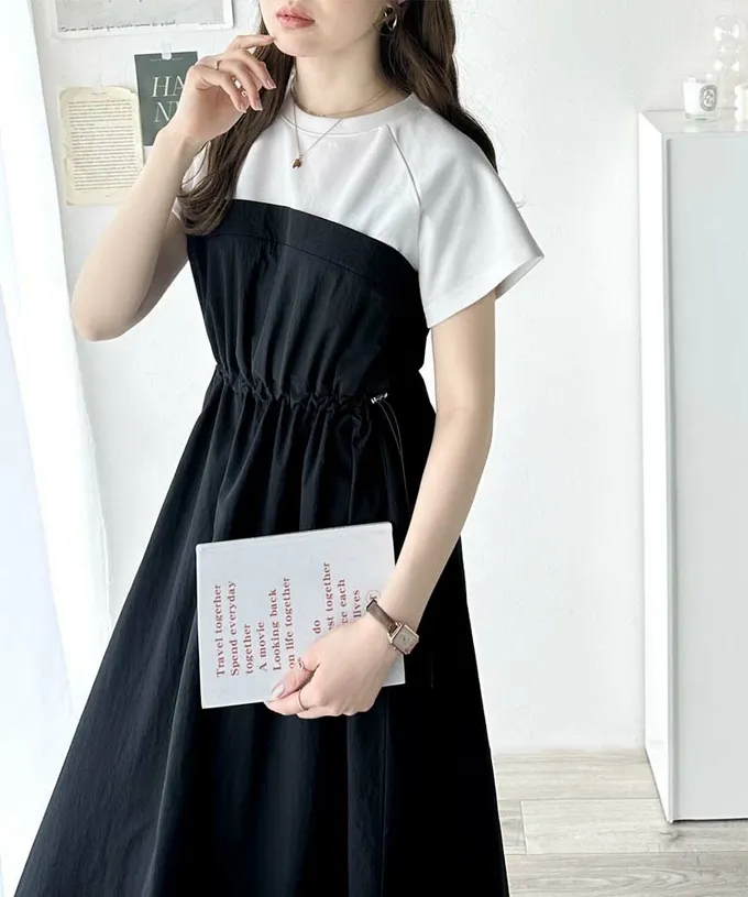 日本 Classical Elf - 法式袖拼接縮腰抽繩洋裝-黑x白