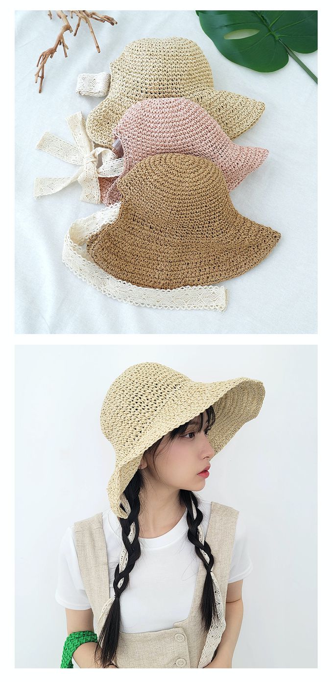 韓國 Soo&Soo - 蕾絲緞帶裝飾編織遮陽帽-奶茶咖