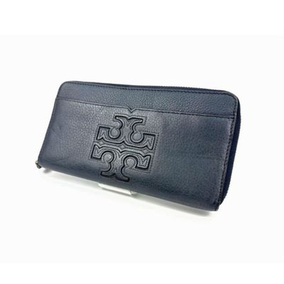 TORY BURCH - 雙T-LOGO素面拉鍊長夾 (深藍)