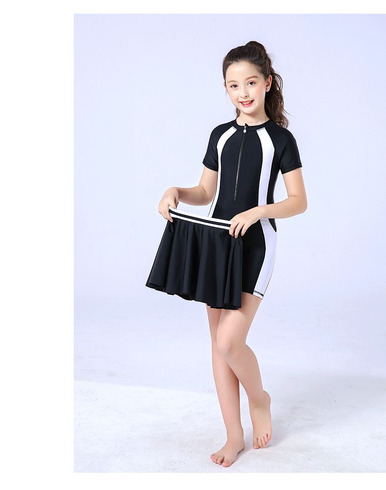 運動風短袖連身泳裝-裙子款-粉+藍