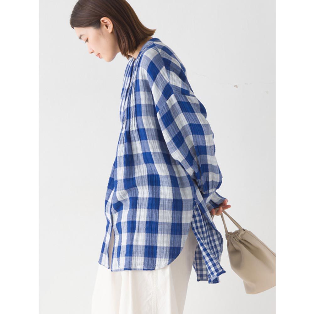 日本 OMNES - 二重紗氣質細摺長袖襯衫-藍白格紋