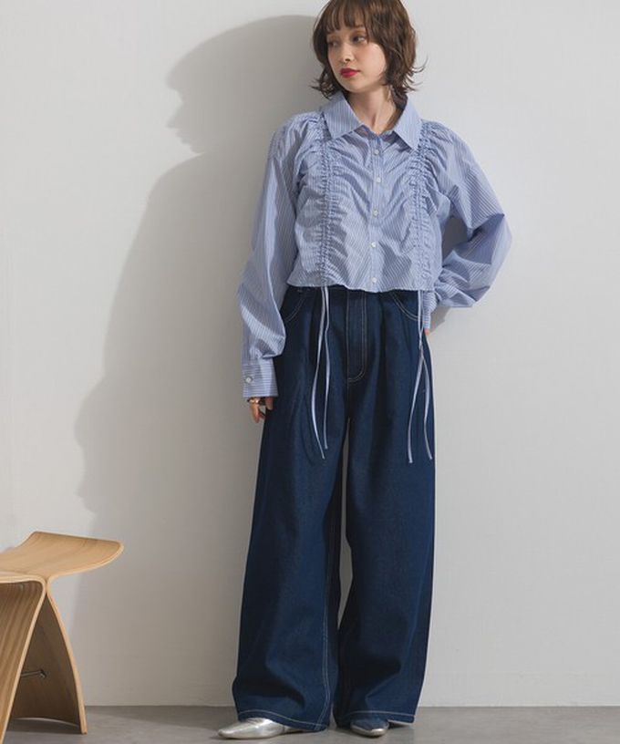 日本 ELENCARE DUE - 10oz 立體摺線後腰鬆緊牛仔褲-刷色藍