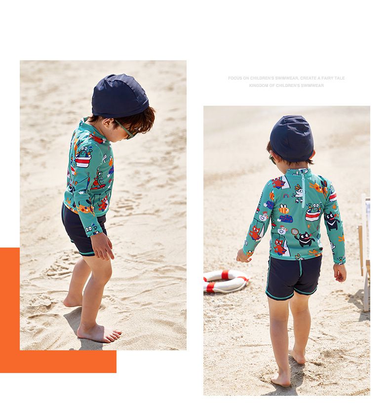 男寶防曬長袖泳裝套裝(附帽子)-動物世界-綠色