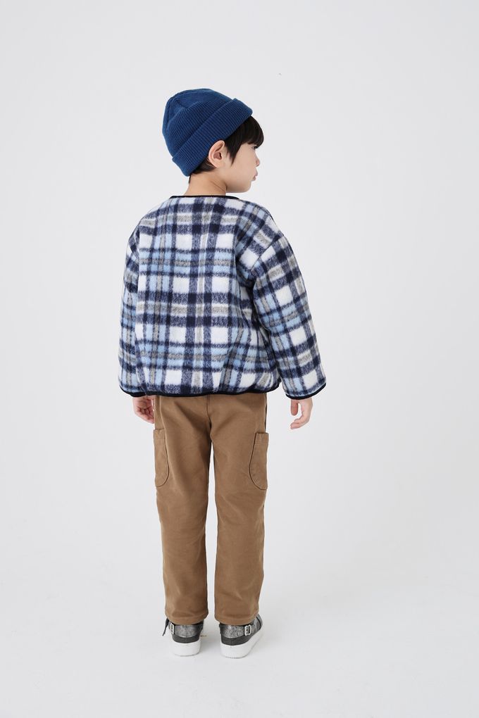 韓國 Coco Bang - 格紋毛呢感無領鈕扣外套-棕X深藍