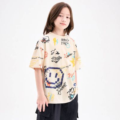 韓國 JELISTUDIO - 隨手笑臉塗鴉純棉短袖上衣-米黃