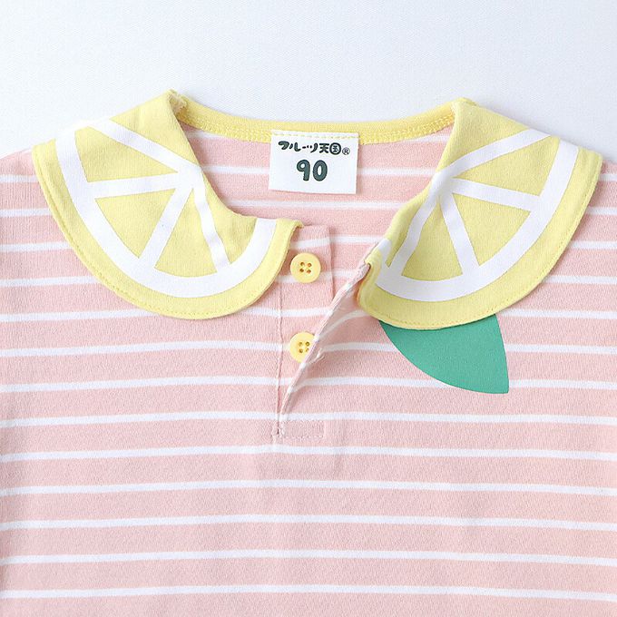 日本 ZOOLAND - 水果造型領天竺棉短袖上衣-檸檬條紋-粉紅x白