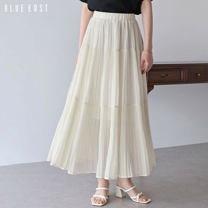 日本 BLUE EAST - 優雅細摺雪紡分層鬆緊長裙-米白 (M)