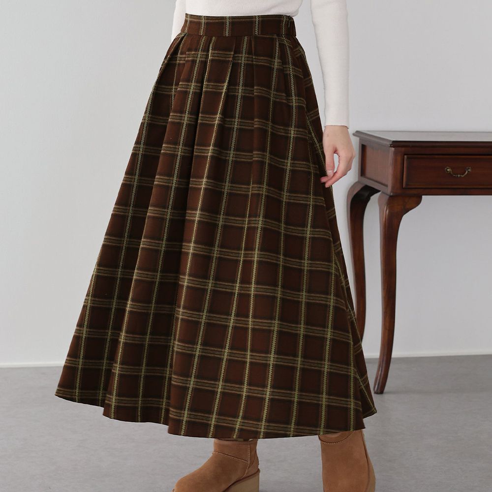 經典格紋挺版皺摺長裙(有口袋)-咖啡棕